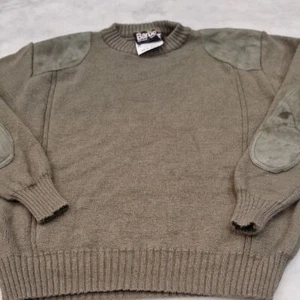 VTG Barbour Olive Green 100% Pure Wool Sweater Suede Patches CHECK SIZE Military - Picture 1 of 7