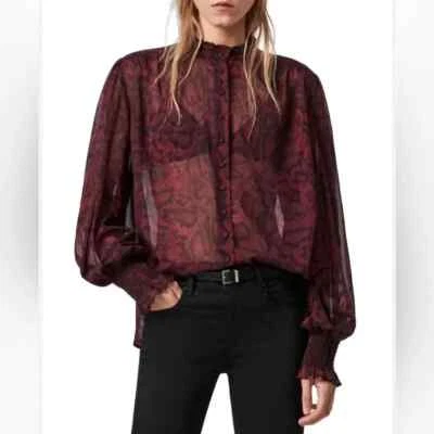Blusa ALLSAINTS Leonie Stanza Estampado Serpiente Transparente Manga Larga Rojo Borgoña Talla 14 Foto 1 de 4