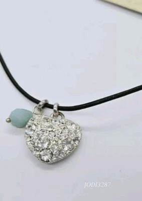 FOSSIL Pendant Necklace Cord Crystal Heart Silver tone 18 in - Image 1 of 4