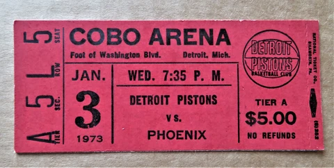 Detroit Pistons vs Phoenix Suns Ticket stub Jan 3, 1973 - COBO Arena ! Cover