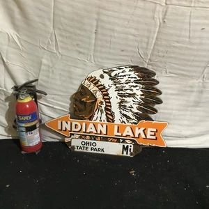 INDIAN LAKE OHIO Gasoline Porcelain Enamel  20 X 15 In Single Side - Imagen 1 de 5