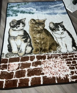 Biederlack Three Cats Kittens Blanket Throw 60” X 82” Reversible USA Vtg - Picture 1 of 1