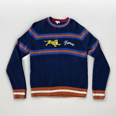Kenzo Embroidered Jumping Tiger Relax Sweatshirt Striped Blue Size Small Rare - Image 1 of 4