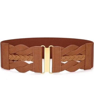 Sansths Women’s Stretchy Wide Elastic Band Brown Belt With Gold Buckle - Image 1 of 4