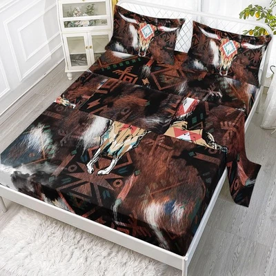 Sábanas con estampado de vaca dobles, ropa de cama de cuero de vaca marrón vintage tribu bohemia sábana plana... Foto 1 de 4
