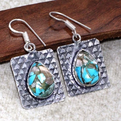 Pendientes enchapados en plata 925 turquesa cobre 1,6" joyería gruesa JW Foto 1 de 3