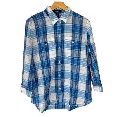 Chaps denim women's XL blue + white plaid linen cotton blend button down shirt - Image 1 of 4