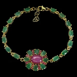 925 Sterling Silver Bracelet Oval Ruby 10x8mm Emerald Gemstone Jewelry 7.5inches - Picture 1 of 14