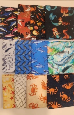 12 морских жизней жир четверть принты хлопчатобумажной ткани русалки, крабы, осьминоги, акулы  - Изображение 1 из 2