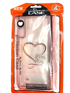 LG STYLO 7 PHONE CASE COVER ROSE GOLD CLEAR WITH HEART & RHINESTONES BUMPER CASE - Picture 1 of 3