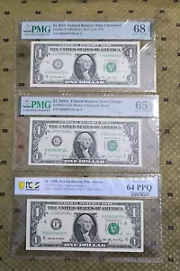 RARE 3 NOTES $1 2013/1988/2006 LOW MATCHING 3 DIGIT SERIAL # GEM GRADED 68/65/64 - Picture 1 of 2