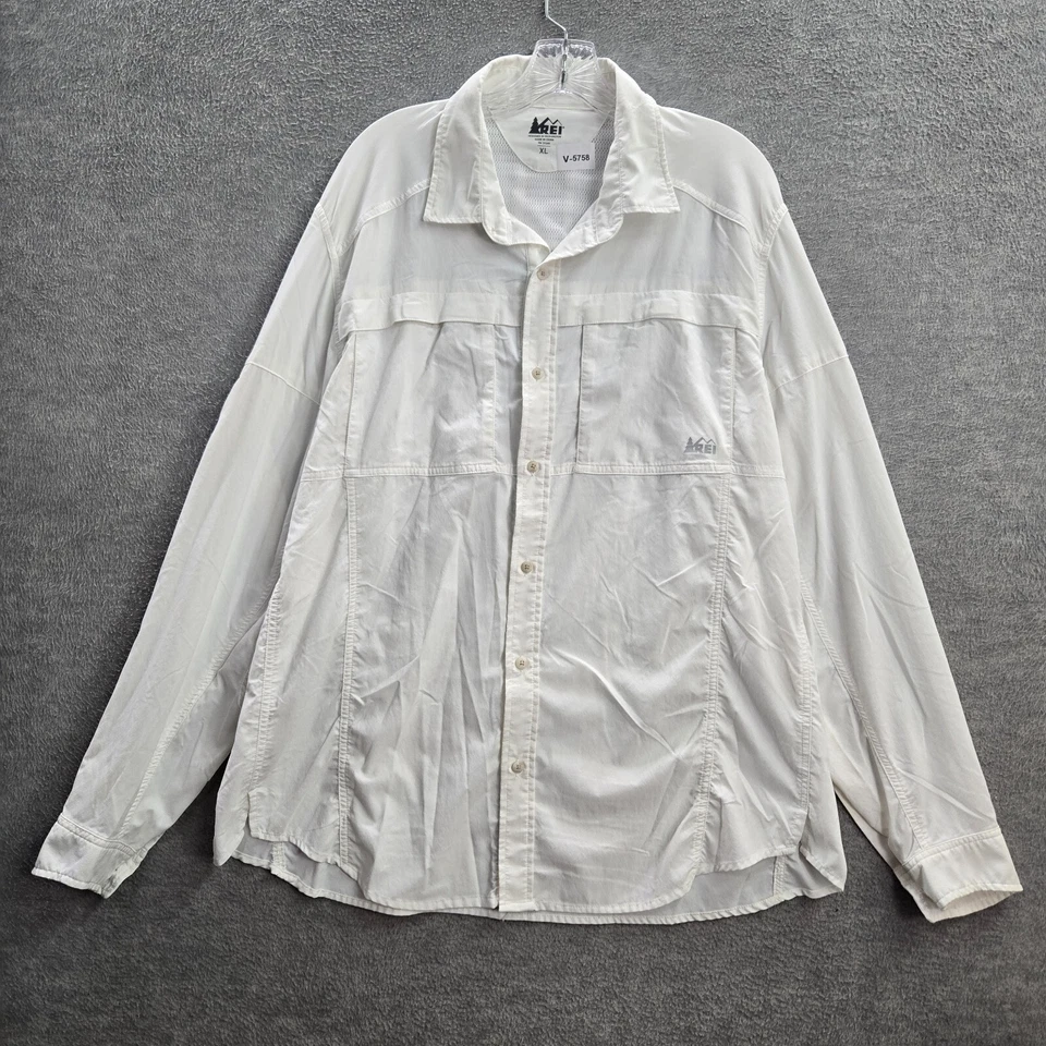 REI Hombres Botones XL Blanco Bolsillos Nylon Manga Larga Cuello Senderismo Spandex Foto 1 de 4