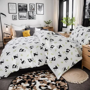 Panda Duvet Cover Set Twin Size Kids Bed Set 100% Muslin Cotton Black and White - Picture 1 of 9