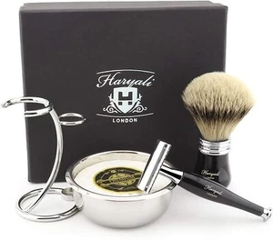 Safety Razor and Silver Tip Badger Hair Shaving Brush with Stand Kit Set - Picture 1 of 7