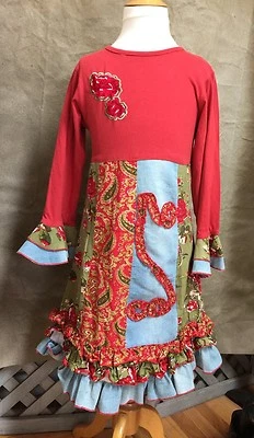 VESTIDO tejido escolar 6X 6 niñas Iglesia rojo volantes rosa y denim "Bebé Gassy Gooma" Foto 1 de 4