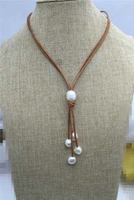 Collar de perlas de agua dulce y cuero Lariat collar de perlas de cuero marrón claro Foto 1 de 4