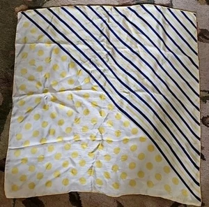 Vintage Sally Gee Hand Rolled Silk Scarf Yellow Navy Blue Geometric 28"X28" - Picture 1 of 6