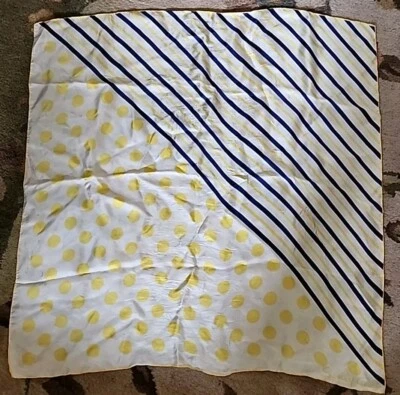 Vintage Sally Gee Hand Rolled Silk Scarf Yellow Navy Blue Geometric 28"X28" - Image 1 of 4