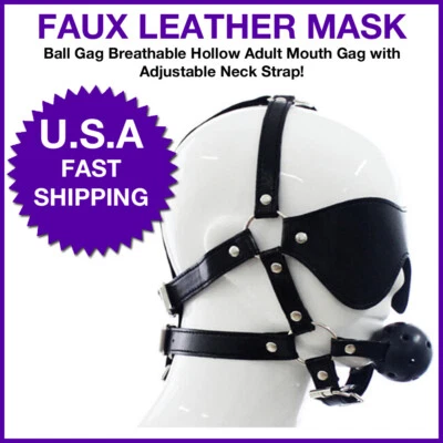Arnés con venda para los ojos con mordaza de bola imitación cuero bondage BDSM retención de ojos y boca Foto 1 de 4