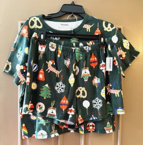 Old Navy 2 PC Pajama Shorts Set Womens Med Green Christmas Ornaments New W Tags - Picture 1 of 20