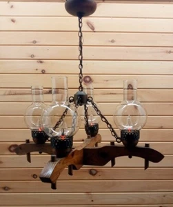 Vintage 60s 70s Ox Yoke Chandelier 4 Light Country Rustic Fixture - Picture 1 of 21