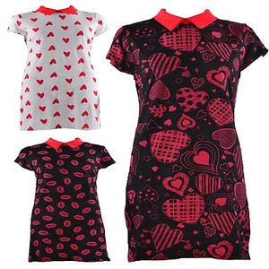 Ladies Women Heart Collared Valentine Lips Print Short Sleeve Bodycon Top Dress - Picture 1 of 3