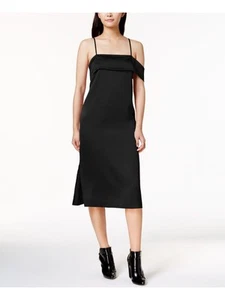 KENSIE Womens Black One Shoulder Satin Cap Sleeve Midi Fit + Flare Dress S - Picture 1 of 6