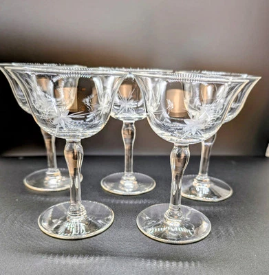 Conjunto de 5 Copos Cordiais Gravados Vintage 4 1/4" Atomic Starburst Coupes MCM  - Imagem 1 de 4