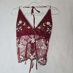 Rare Vintage Wet Seal Y2K Burgundy Beaded Floral Mesh Lace-Up Halter Cami Fairy - Picture 1 of 12