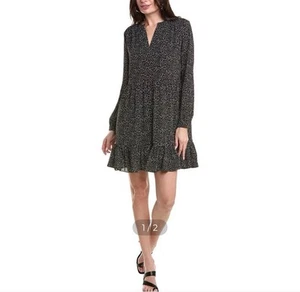 New MSK Polka Dot Long Sleeve Split V Neck Mini Baby Doll Dress Black Size S - Picture 1 of 13