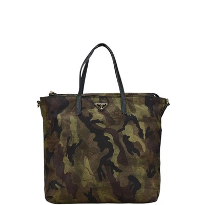 Prada Triangle Logo Plate Camo Tote Bag Khaki Black Nylon Leather Ladies Used - Image 1 of 4
