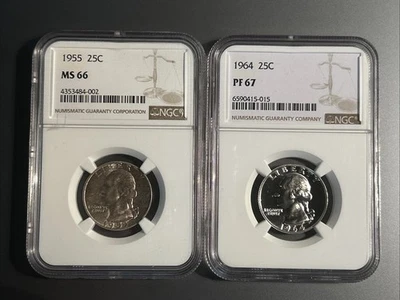 1955 MS 66 Quarter W/ Slight Toning & 1964 PF 67 Quarter In Excellent Shape - Image 1 of 4