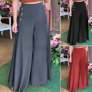 US Women Trouser Summer Holiday Casual Pants Elastic Waist Wide Leg Palazzo - Picture 1 of 15