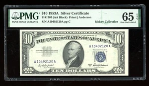 DBR 1953-A $10 Silver Fr. 1707 Gem PMG 65 EPQ Serial A10492120A - Picture 1 of 2