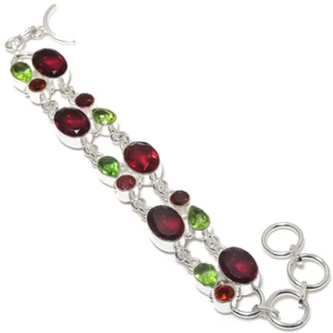 Garnet Peridot Quartz Gemstone Silver Plated Bracelet Jewelry 7-8" - Picture 1 of 1