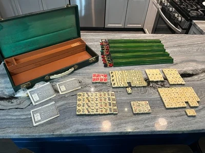 vintage bakelite mahjong mahjongg set game emerald green tray lot tiles bamboo - Image 1 of 4