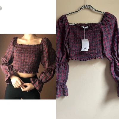 NEW Zara milkmaid smocked puff sleeve crop top in plaid size S - Image 1 of 4