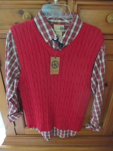 NWT J Khaki Boys Plaid Shirt & Red Sweater Vest, Size Medium, 100% Cotton - Picture 1 of 1