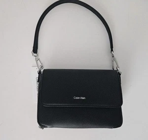 Calvin Klein Womens Clutch Bag Silver Hardware CK Solid Black Faux Leather - Picture 1 of 18