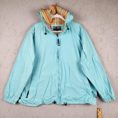 Chaqueta cortavientos Big Chill para mujer 2X azul claro con capucha cremallera a rayas arco iris Y2K Foto 1 de 4