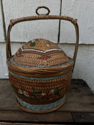 复古中国婚礼篮子 – 手工编织藤竹柚包家风格花卉 — 第 1/4 张图片