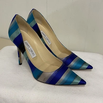 Zapatos de salón Jimmy Choo para mujer 39 azul plateado a rayas punta tacones de aguja Foto 1 de 4
