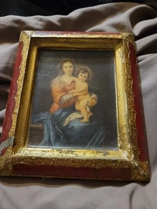 Madonna und Kind Vintage Portrait Gold linker Rahmen und weinrot Murillo P50 5x6 - Bild 1 von 6
