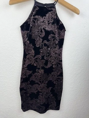 A'Gaci Dress Womens S Black Glitter Velvet Floral Y2K Bodycon Witchy Whimsigoth - Image 1 of 4