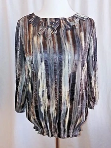 Chico's Silky Top Black Gray Cream Size 0 (Small) 3/4" Sleeve Gold Thread Party - Picture 1 of 11