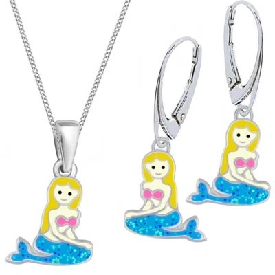 Glitzer Meerjungfrau Kette Brisur Ohrringe 925 Silber Kinder Schmuckset Blau - Bild 1 von 4