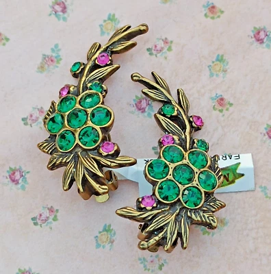 Pendientes Clip Michal Negrin Cristales Rosa Caliente Verde Celebración Navidad Regalo Foto 1 de 4