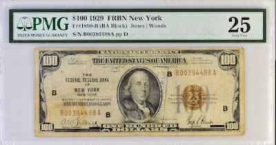 FR#1890-B 1929 PMG FRBN NEW YORK ( BA BLOCK) JONES WOODS - Image 1 of 2