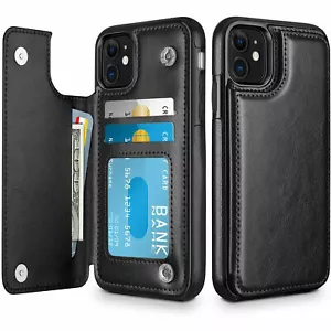For Phone 12 13 14 Pro Max Pouch Case Leather Card Wallet Slot Kickstand Cover - Picture 1 of 2