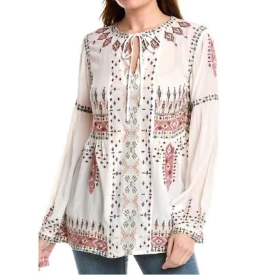 Johnny Was Biya 全新带标签 Deliza 衬衫全新刺绣奶油色玫瑰 M 码 — 第 1/4 张图片